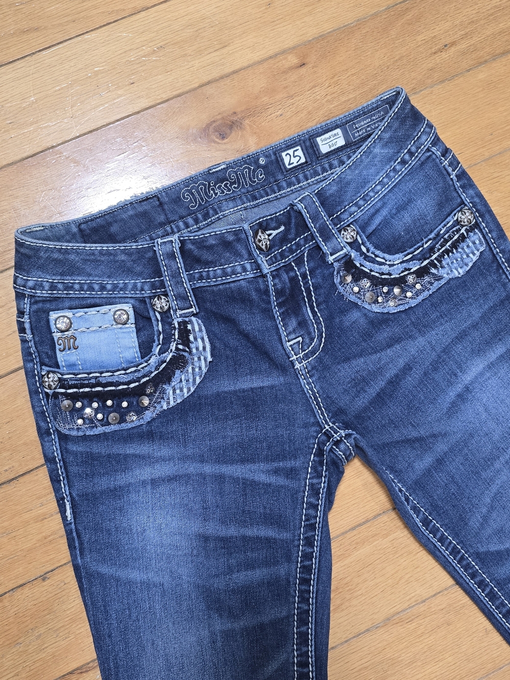 Miss Me Dark Blue Bootcut Jeans with Studded Front Pockets - Picture 2 of 7